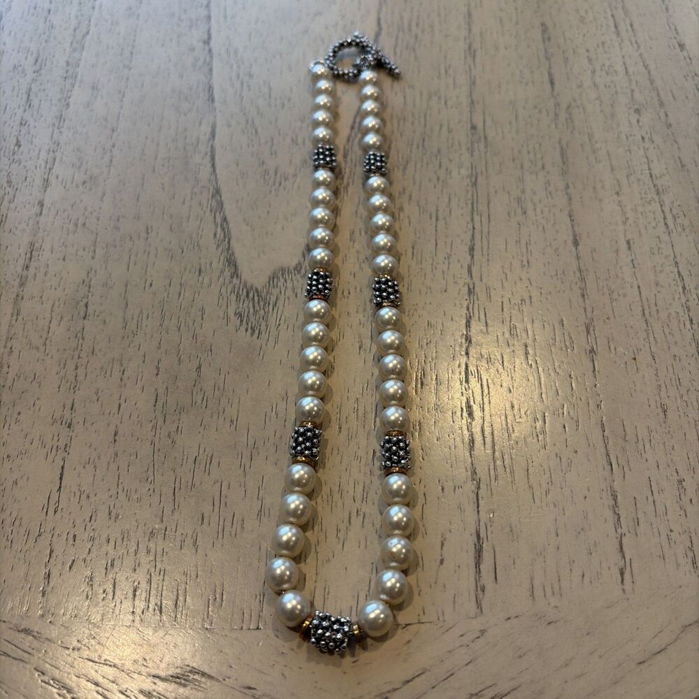 Silver Tone Beaded Metal & Faux Pearl Necklace Toggle Closure Vintage 16”L